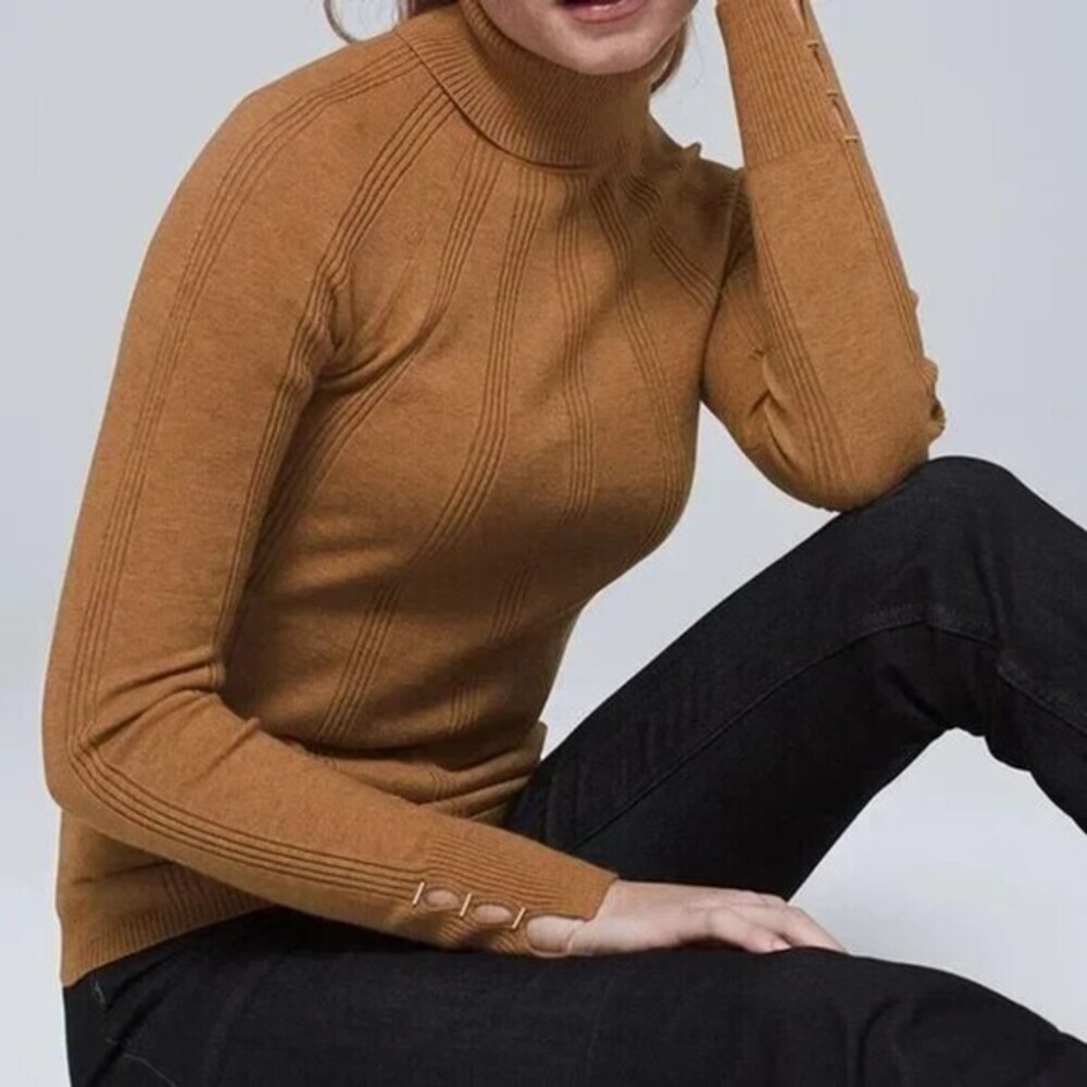 WHBM Camel Brown Ribbed Knit Turtleneck Sweater S Gold Cuff Bar Corporate Girl
